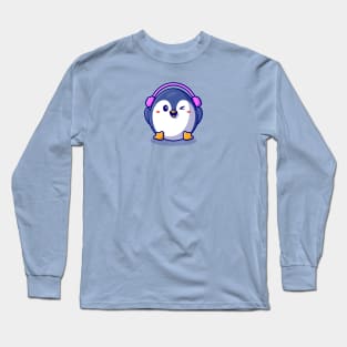 Cute Penguin Wearing Earmuff Cartoon Long Sleeve T-Shirt